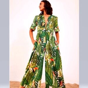 Farm Rio NWT SZ Med Paradise Forrest GreenLeaf Tropical Toucan Wide Leg Jumpsuit